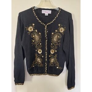 Vintage Amilano Women's Black Sweater Embroidered Gold Beaded Romantic Glam
